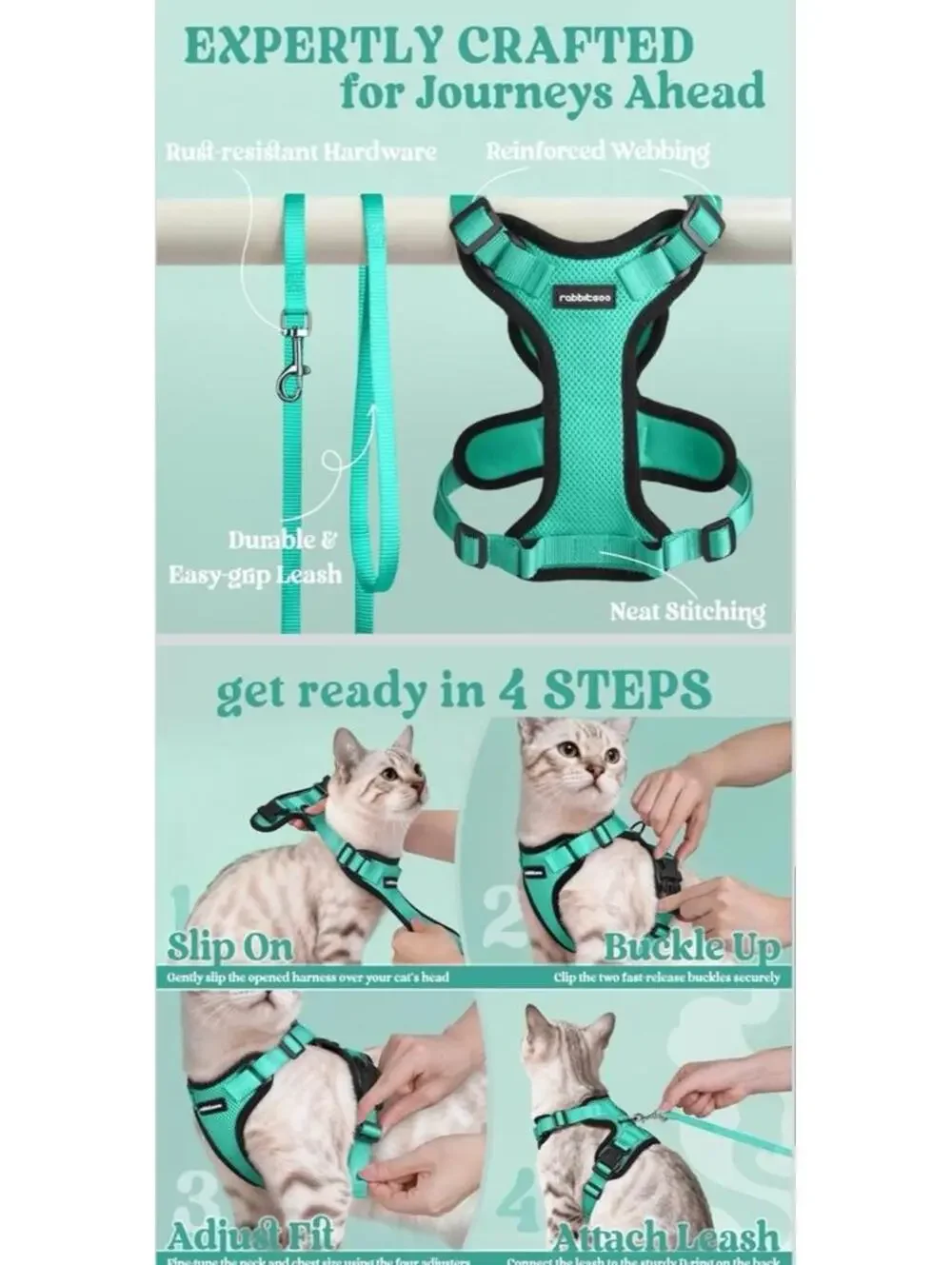 Xs Cat Harness and Leash Set Adjustable Soft Mesh Teal Aqua Size XS Cat Walking